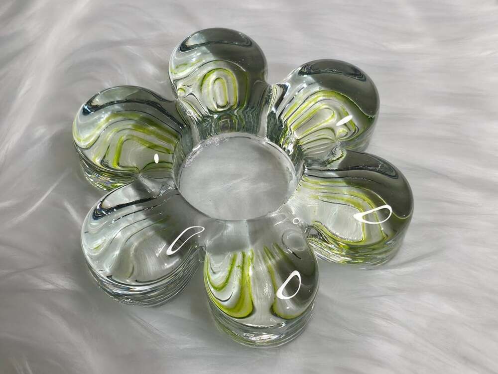Art Glass Flower Tealight Candle Holder Clear Green Swirl